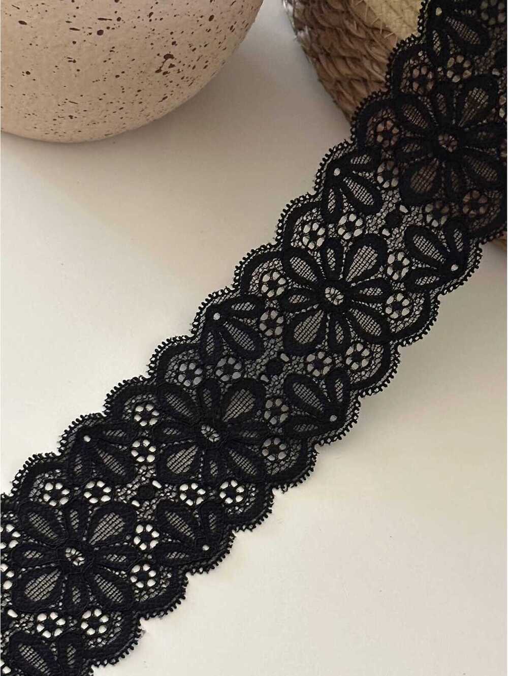 10yds Black Floral Stretch Lace, 2.1"Wholesale